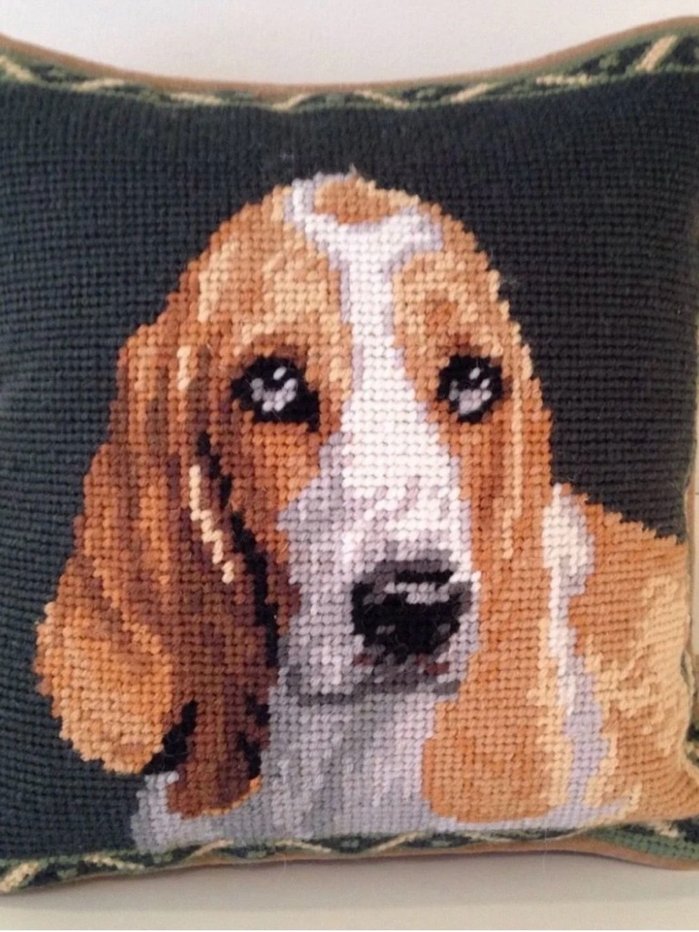 Needlepoint Basset Hound Decorative Pillow - Green and Brown